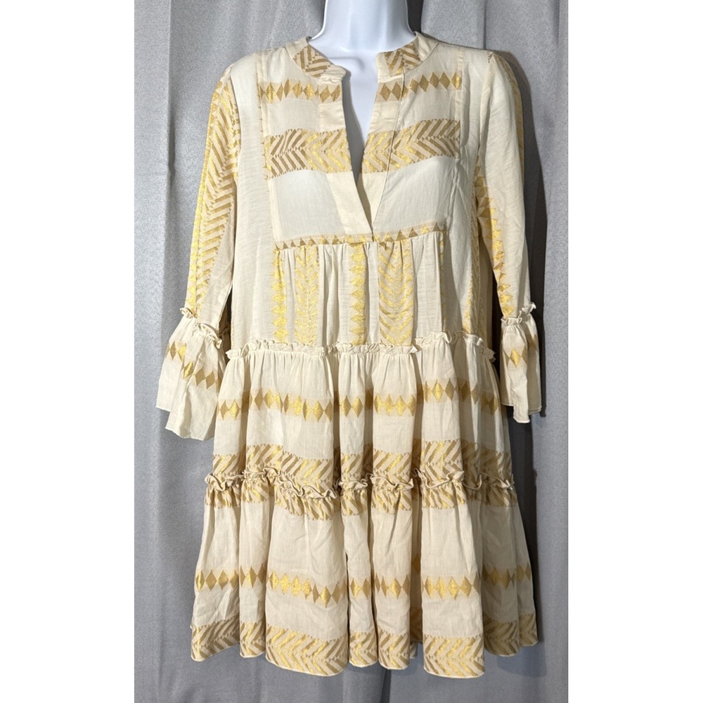 Kasia Greece Dress S Ecru Metallic Gold Geometric Ruffle Tiered Resort Boho